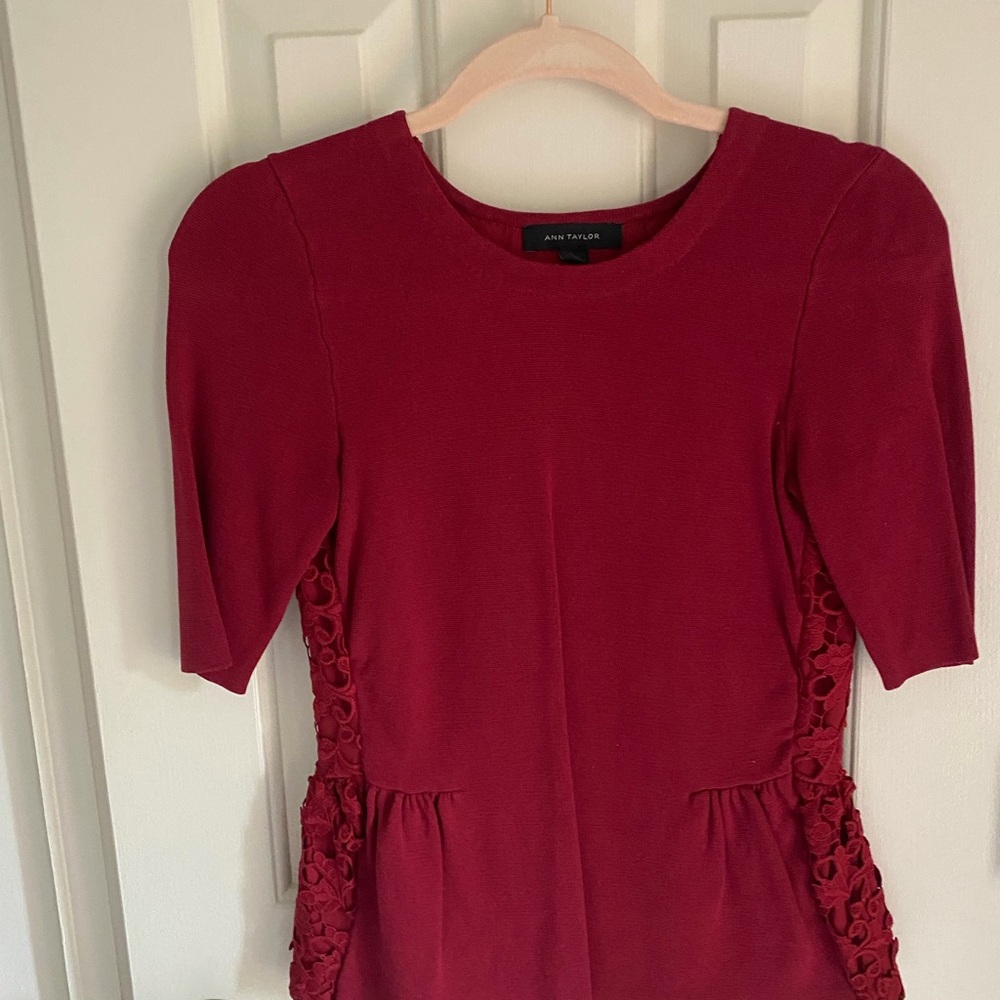 Ann Taylor Deep Red Lace-Trim Peplum Sweater Top